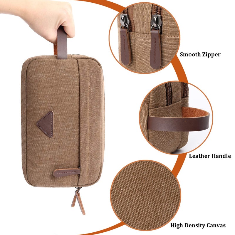 Mactso Mens Travel Toiletry Bag Canvas Leather Cosmetic Makeup Organizer Shaving Dopp Kits with Double Compartments (Coffee) - Image 5